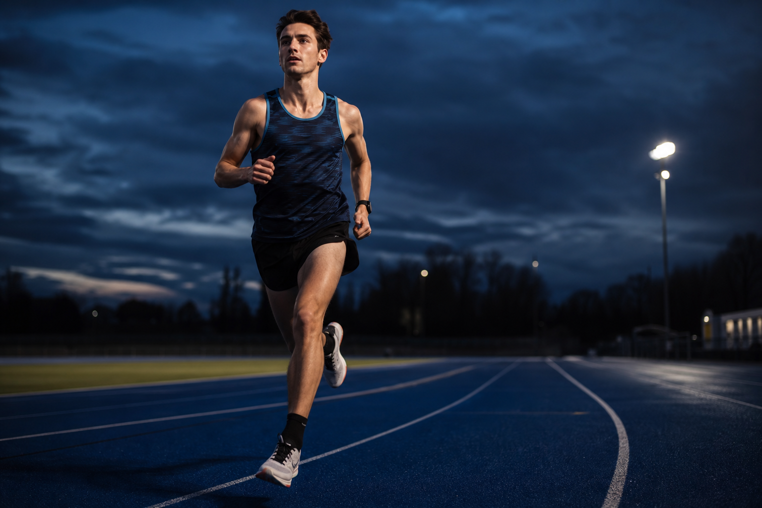 Runner sprinting on an outdoor athletics track during an evening club time trial